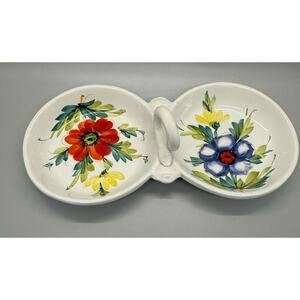 Vintage Beautiful Hand Painted Divided Dish Floral Handle Made In Italy Spring